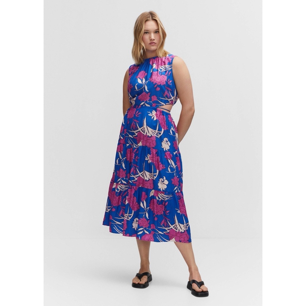 MNG by Mango Nuti Floral Midi‎ Dress Womens Size 16 Cut Out Blue Purple Flowers